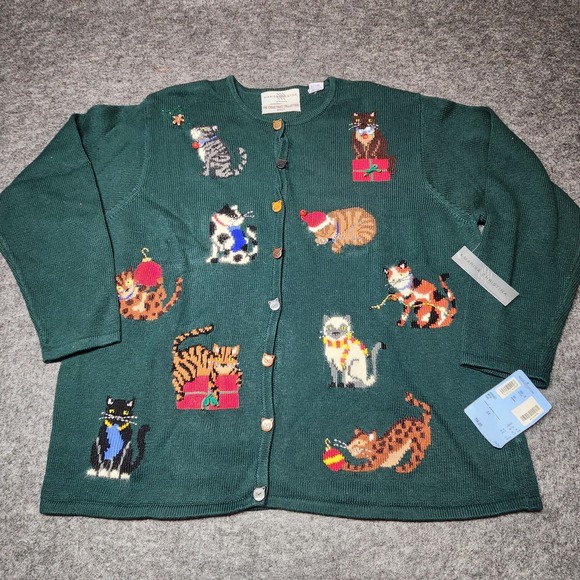 Marisa Christina 2001 Christmas Green Cardigan Sweater Cats Bells Kitty 2X NWT